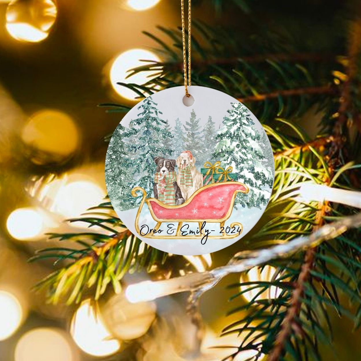 Personalised Christmas Ornament Dog in a sleigh (up to 2 dogs) - Sweetie