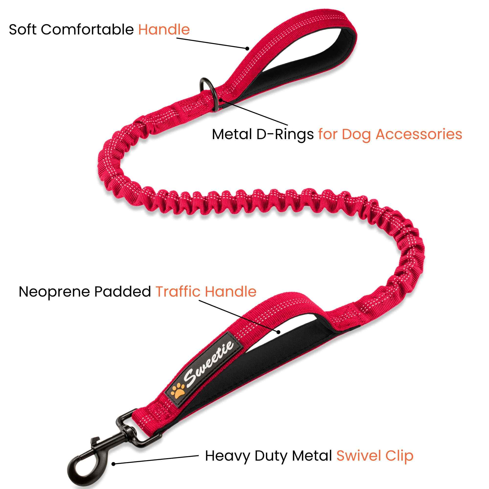 Premium Strong Bungee Lead - Red - Sweetie